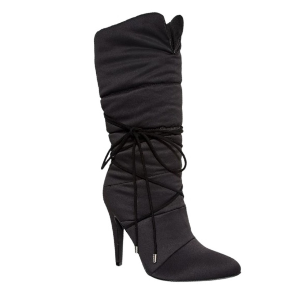 JustFab Chela Black Pointed Toe Puffer Quilted Heeled Boots Size 7.5